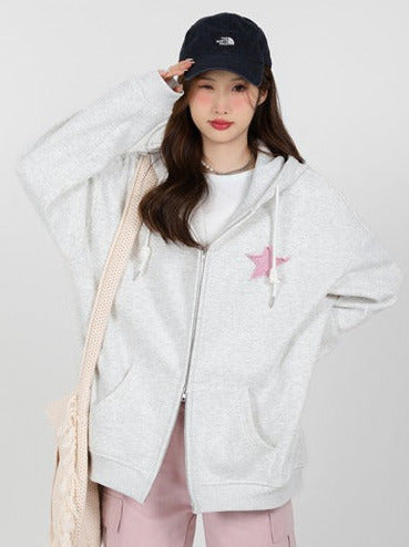 Star Zip Hooded Loose Sweatshirt Hoodie