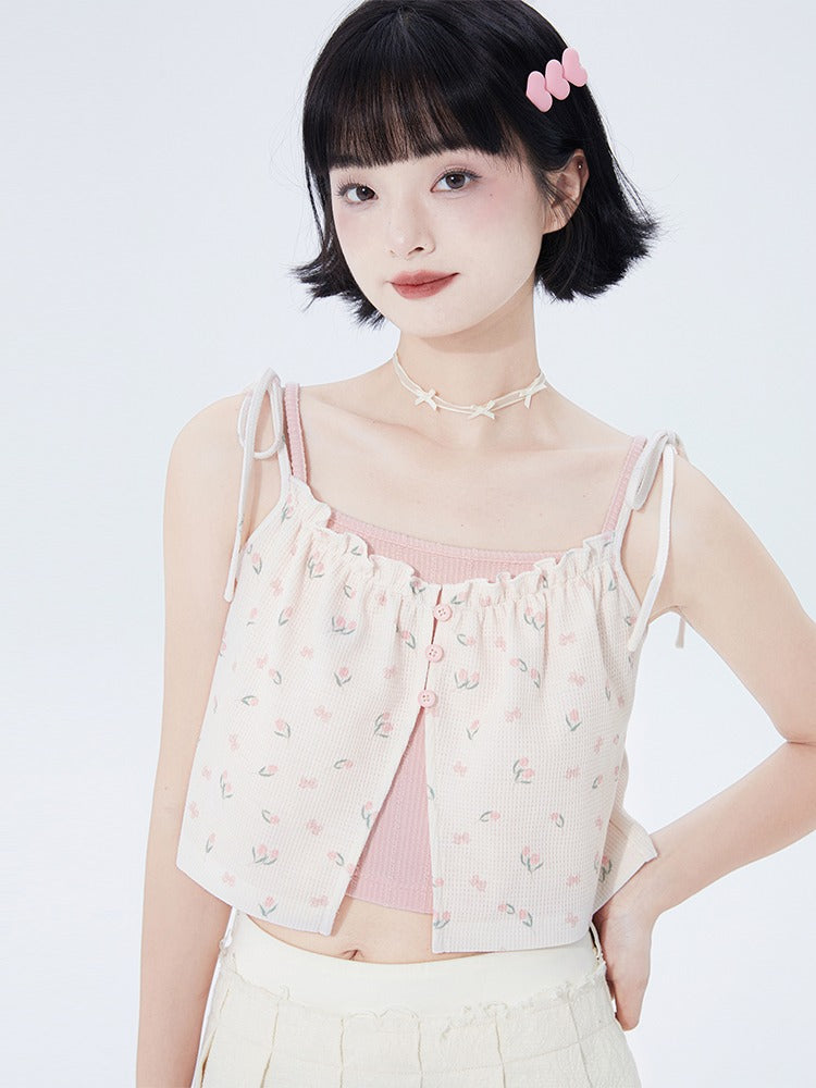 Frilled flower & pink layer ribbon camisole