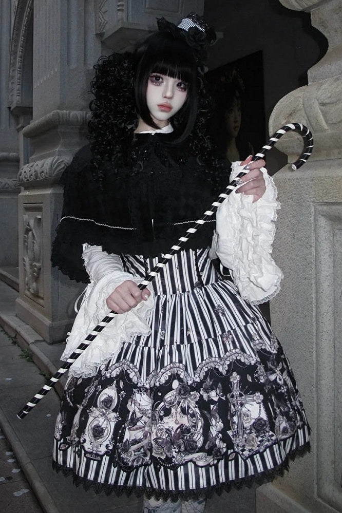 【10月3日予約締切】Black White Striped Gothic Rose Print JKS Dress(Short/Long)+ Low-Waist Square Neck Lace-Up JKS Dress
