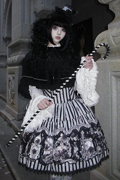 【10月3日予約締切】Black White Striped Gothic Rose Print JKS Dress(Short/Long)+ Low-Waist Square Neck Lace-Up JKS Dress