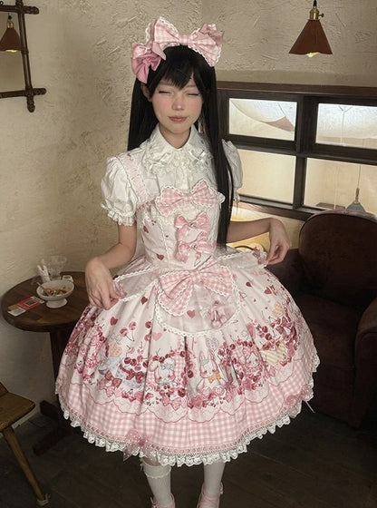 [Précommande jusqu'au 5 mai] Robe JSK à imprimé cerises roses, dentelle, ruban et tablier oreilles de lapin + accessoires