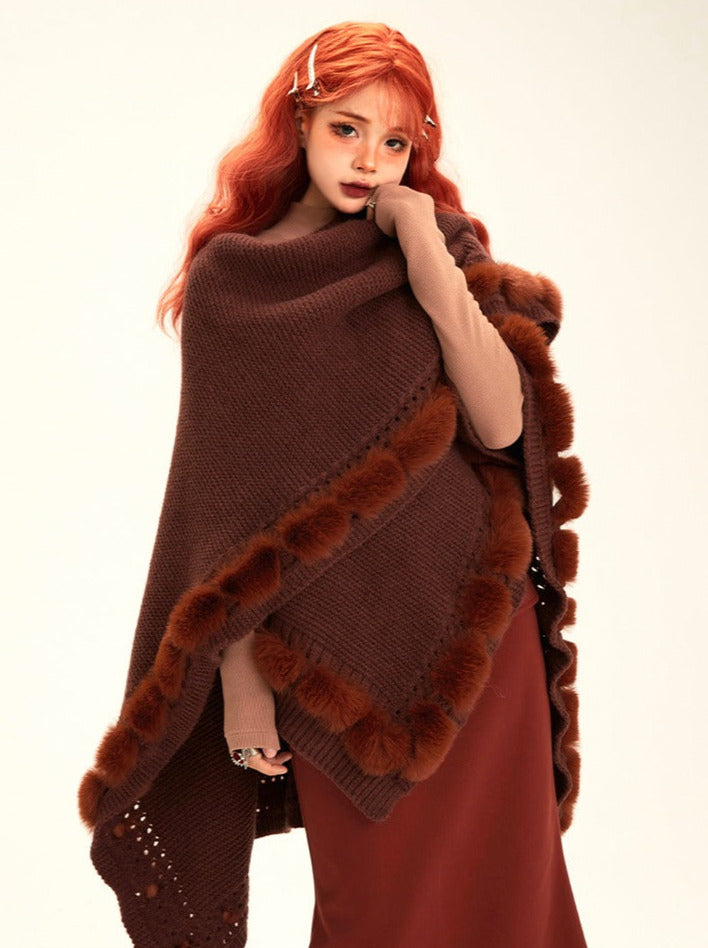 Soled Collar Shawl Knit Fur Ball Cape Jacket