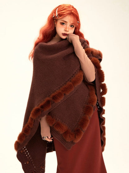 Soled Collar Shawl Knit Fur Ball Cape Jacket