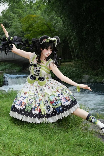 [Pre-order Deadline: October 25] Pink/Green Chinoiserie Lolita Sweet Panda Ear Bow High-Waist Tiered JSK Dress + Bow-Waist Panda Print Dress
