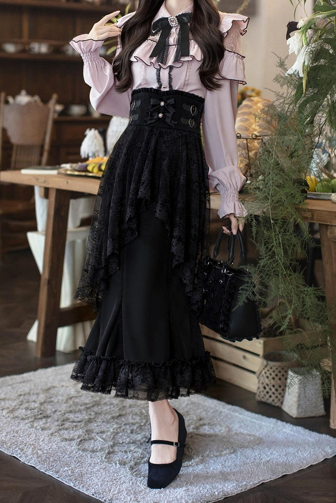 [Termine prenotazione 29 settembre] Blusa rosa in pizzo trasparente con volant e fiocco gioiello + gonna a sirena in tulle a strati + minigonna in pizzo con fiocco gioiello