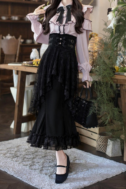 [Termine prenotazione 29 settembre] Blusa rosa in pizzo trasparente con volant e fiocco gioiello + gonna a sirena in tulle a strati + minigonna in pizzo con fiocco gioiello