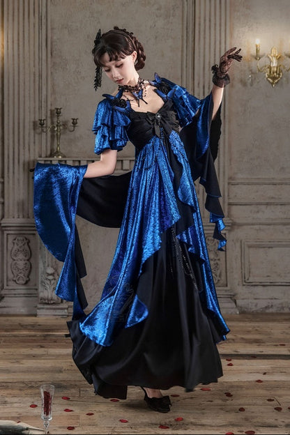 [Date limite de précommande: 105] Robe empire gothique élégante à volants cascade rouge/bleu [courte/longue] + ensemble robe complet (châle, broche papillon, chaîne de taille, traîne à nœud au dos)