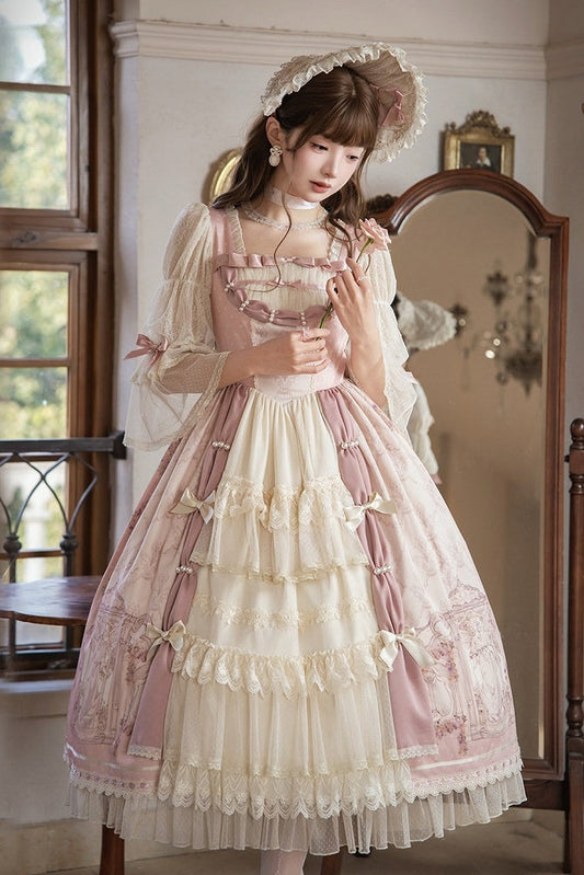 【Vorbestellung bis 26. April】Rokoko-Antik-Spitze-Stufen-Schleife Rosa-Lolita-Kleid + Haube