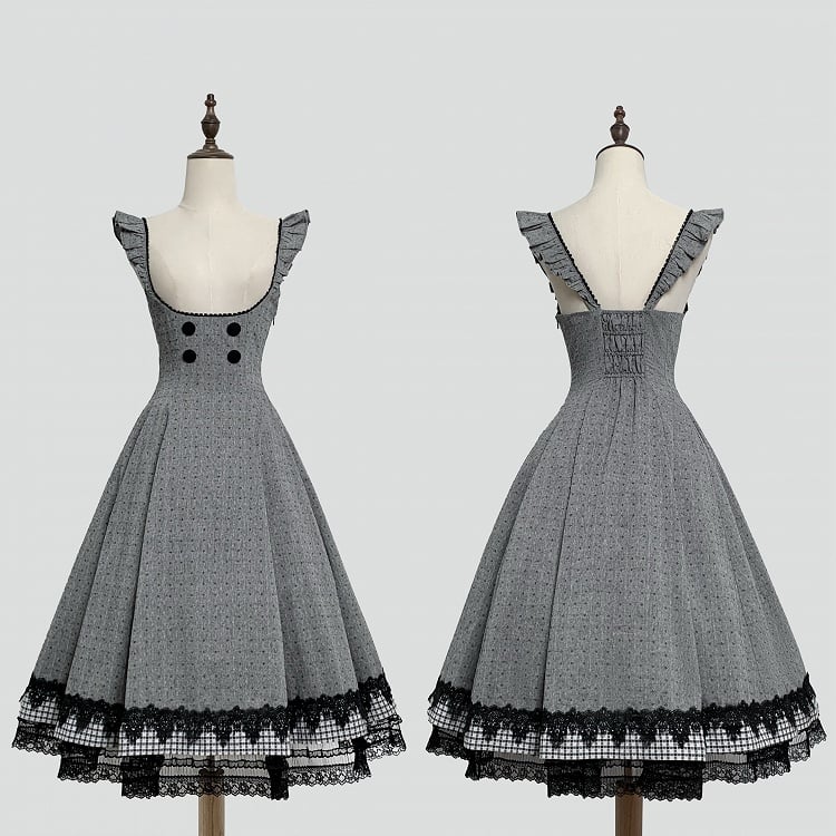[Pre-order Deadline: May 19] Gray-Black Classic Lolita Top, JSK One-Piece & Bow Tie 3-Piece Ensemble