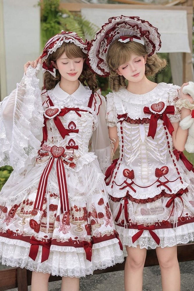 【11月4日予約締切】Strawberry Print Sweet Lolita Lace Bow JSK Dress + Puff Sleeve Lace Bow Doll Dress with Bone Embroidery Apron
