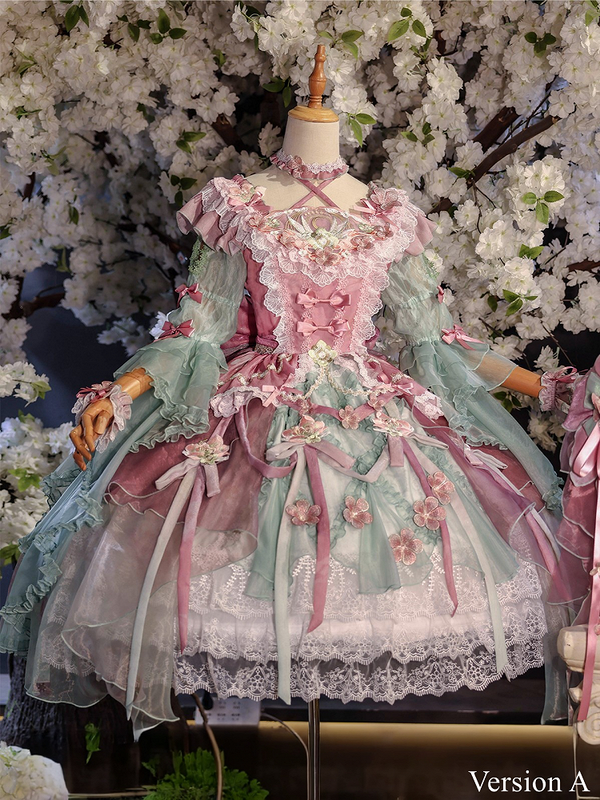 【6月28日予約締切】ピンク×グリーン/レッドフローラルスイートロリータリボンチュールレイヤード姫袖ドレスversionA/B