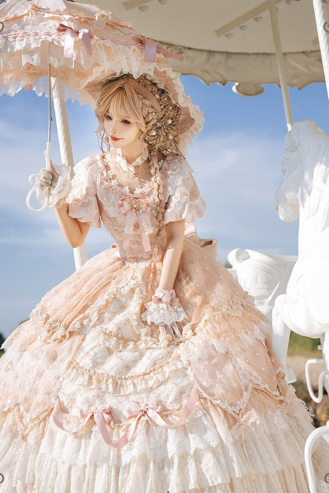 【9月10日予約締切】Pink/Blue Rococo Fantasy Puff Sleeve Ribbon Tiered Princess Lolita Dress Bridal＋Full set[Op Dress + Feather Hat + Choker + Back Ribbon Train + Lace Gloves]