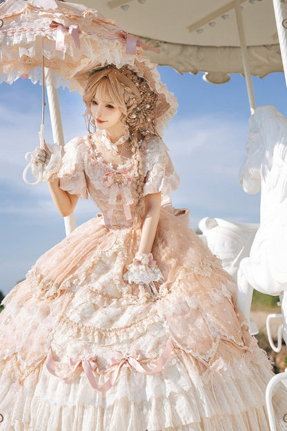 【9月10日予約締切】Pink/Blue Rococo Fantasy Puff Sleeve Ribbon Tiered Princess Lolita Dress Bridal＋Full set[Op Dress + Feather Hat + Choker + Back Ribbon Train + Lace Gloves]