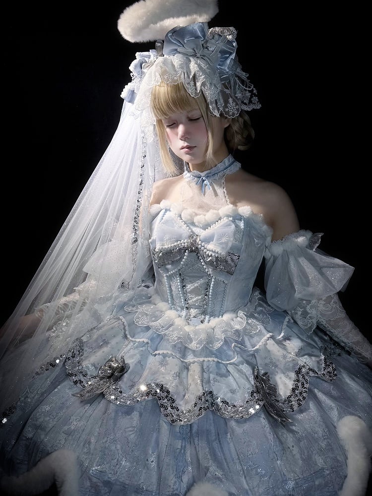 Snow Rabbit Ball Series: Bonnet with rabbit ears + crown veil + accessories