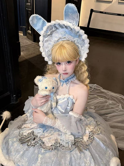 Snow Rabbit Ball Series: Bonnet with rabbit ears + crown veil + accessories