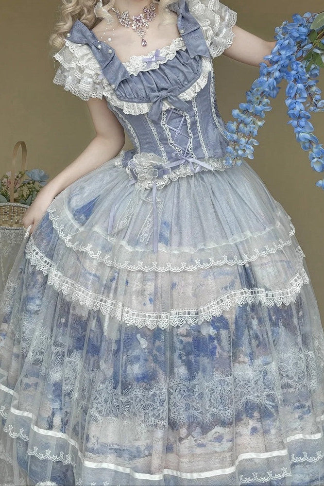 [Reservierungsschluss 3. August] Snow on the Seine River elegantes Lolita-Set mit Schleifen-Rüschen-Korsett-Bustier+langem Rock mit Kunstdruck+langem Tüll-Überrock