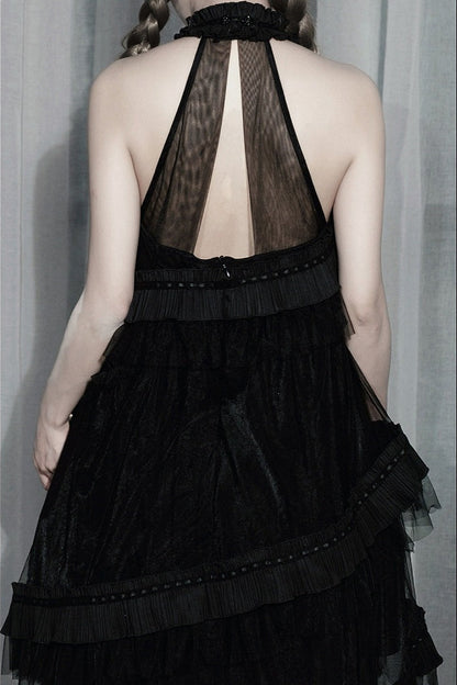 [Pre-order Deadline: October 14] Black/White Gothic Lolita Blue Butterfly Bow Tulle Ruffle Layered Halter Dress