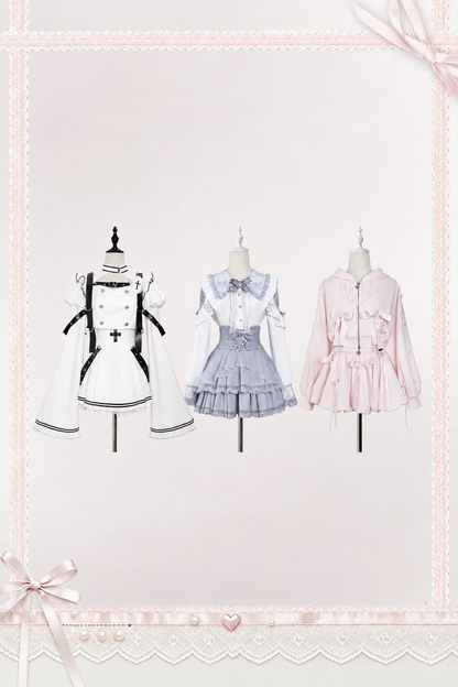 【11月15日予約締切】Light Blue Lace Collar Frill Shirt + Pearl Bow Layered Lace Skirt + Rhinestone Ribbon Tie