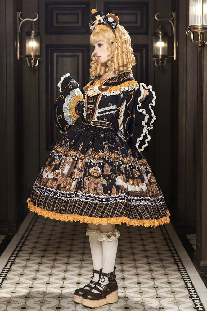 [Reservierungsschluss 8. September] Classic Bear Lolita-Stufenkleid mit weißem Kragen, Karomuster, Spitze und Schleife+Vintage-JSK-Kleid mit Teddybär-Print und Spitze+Vintage-Lolita-Kleid mit Teddybär-Print, Karokragen und klassischem Karomuster