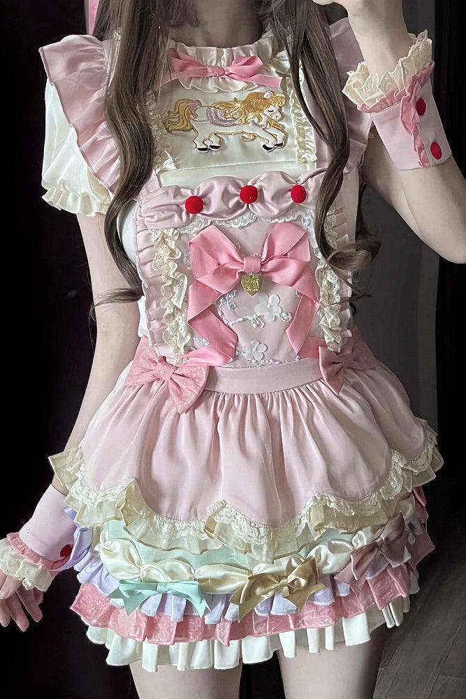 [Reservierungsschluss: 20. August] Dream-Parade Sweet-Lolita-Bluse mit Stickerei und Rüschen + gestuftes JKS-Kleidset mit Pastellschleife