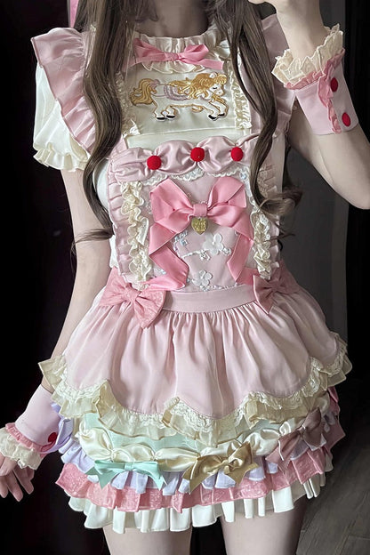 [Reservierungsschluss: 20. August] Dream-Parade Sweet-Lolita-Bluse mit Stickerei und Rüschen + gestuftes JKS-Kleidset mit Pastellschleife