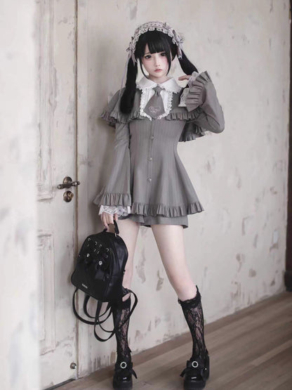 【12月8日予約締切】グレーストライプサブカルケープスーツセット＋ヘアバンド＋ヘアクリップ