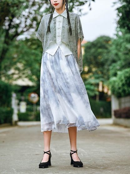 Smoke rain print chiffon sheer long skirt