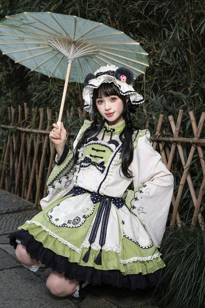 [Pre-order Deadline: October 25] Pink/White/Green Chinoiserie Lolita Sweet Panda Polka Dot Lace Apron Ruffle OP Dress