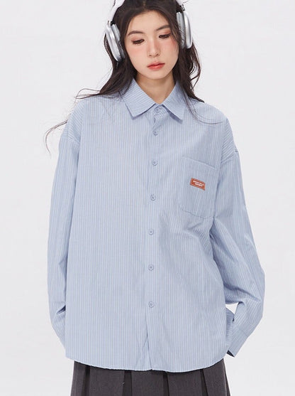 Loose Polo Collar Blue Stripe Shirt