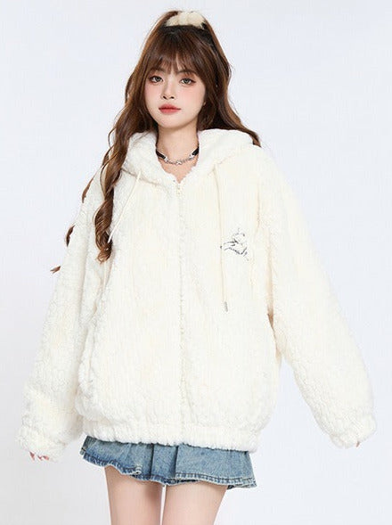 Soft lamb velvet cotton coat with rabbit ears hood