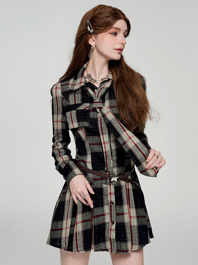 Spicy Red Check Neckline Pleated Contrast Dress