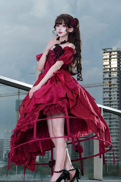 【10月28日予約締切】Red Butterfly Gothic Lolita Puff Sleeve Dress Top + Layered Ruffle Asymmetrical Hem Skirt Set (With Chest Brooch + Waist Brooch)