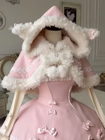 【11月7日予約締切】Yellow/Pink Sweet Lolita Fur Trim Sheep Ear Hooded Bow Cape (Reversible Plush Hooded Cape)