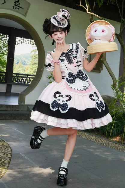 [Pre-order Deadline: October 25] Pink/Green Chinoiserie Lolita Sweet Panda Appliqué Puff Sleeve Polka Dot Bow Apron Dress