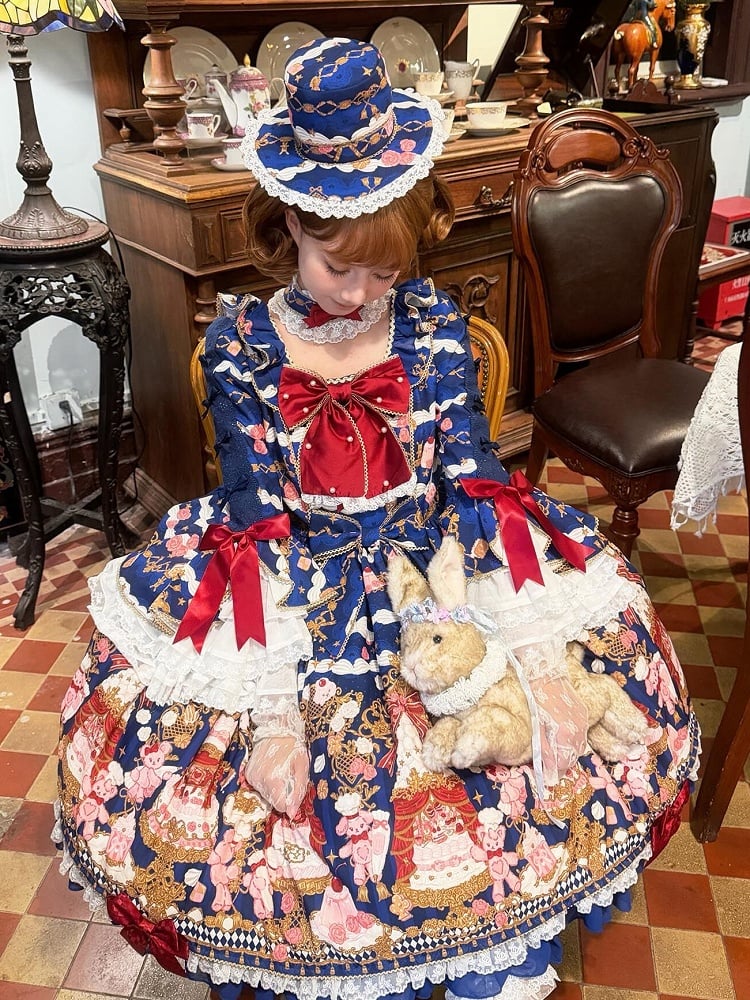 【4月26日予約締切】レトロロマンスイートロリータリボンケーキプリントゴージャス姫袖ドレス