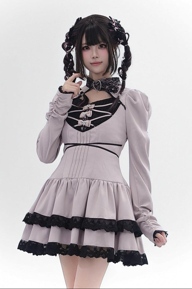 [Reservierungsschluss 28. September] Pink x Schwarz/Grau x Schwarz Gothic-Kleid mit herzförmigem Ausschnitt, Gürtelkragen, Spitzenbesatz und Schleifendetail