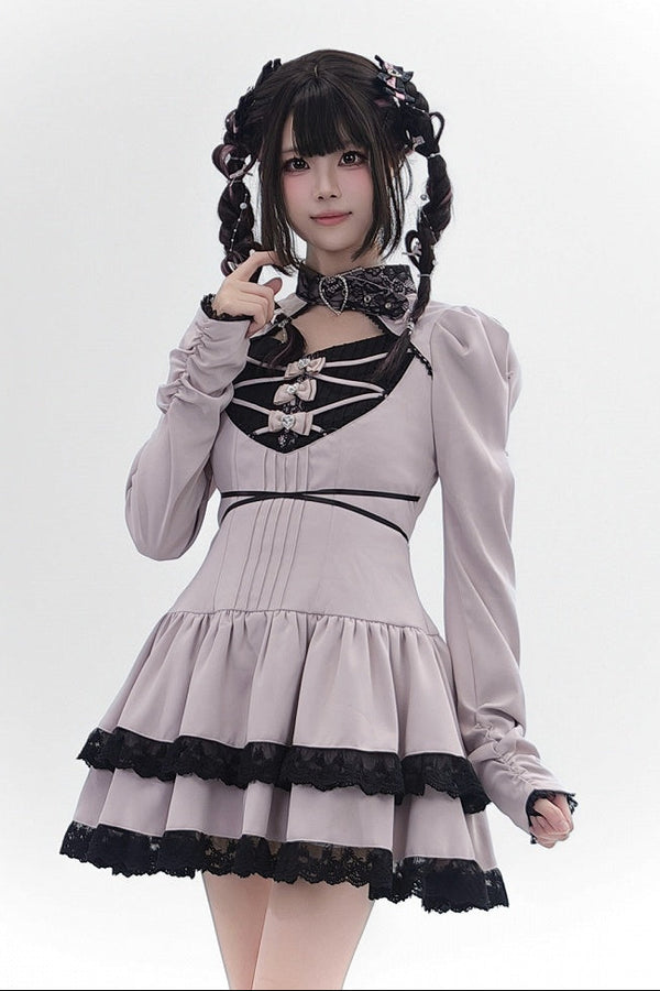 [Pre-order Deadline: September 28] Pink x Black/Gray x Black Gothic Heart Neck Belt Collar Lace Trim Bow Detail Dress