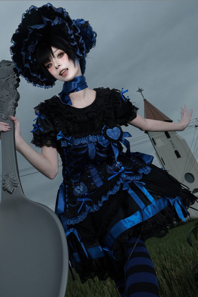 【11月4日予約締切】Blue-Black/Red-Black/Purple-Black Gothic Lolita Puff-Sleeve Lace Bow Doll Dress With Bone Embroidery Apron