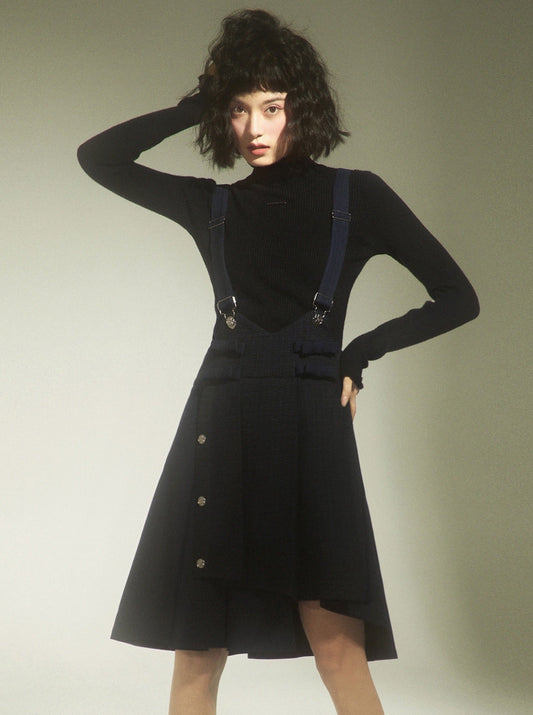 Pleated Asymmetrical Suspender Skirt