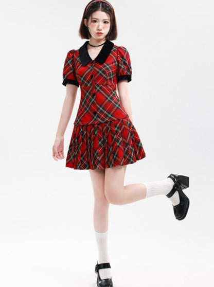 French Red check college dress