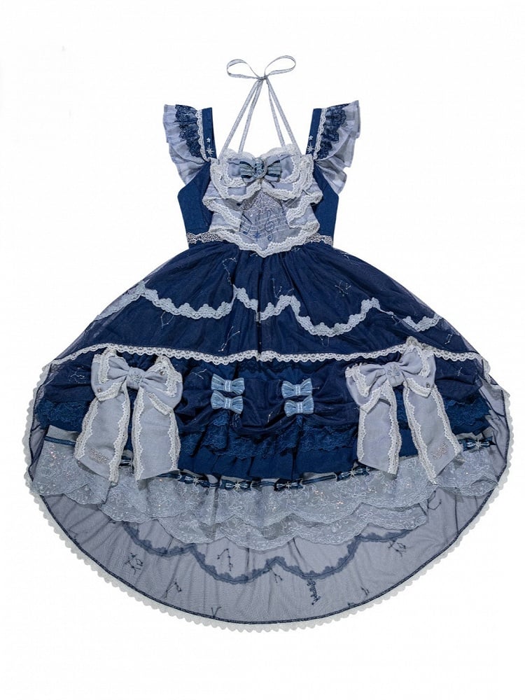 [Clôture des précommandes le 923] Robe JSK classique lolita bleu clair/bleu foncé à broderies d’étoiles célestes, rubans et jupe à volants asymétrique