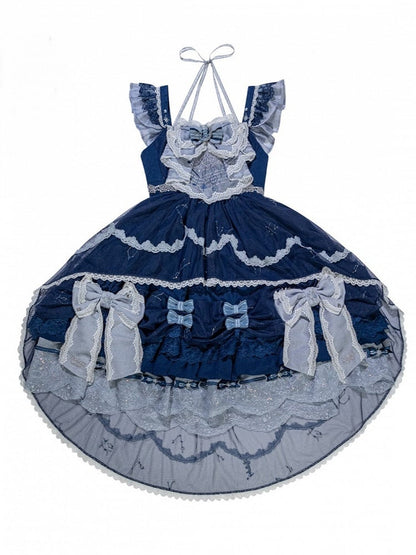 [Clôture des précommandes le 923] Robe JSK classique lolita bleu clair/bleu foncé à broderies d’étoiles célestes, rubans et jupe à volants asymétrique