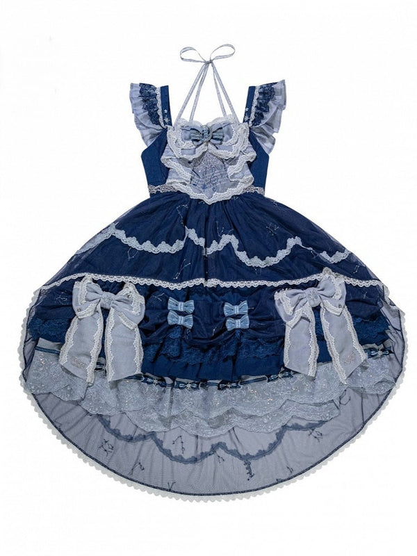 【9月23日予約締切】Light Blue/Dark Blue Celestial Star Embroidered Classic Lolita Ribbon Tiered High-low Skirt JSK Dress