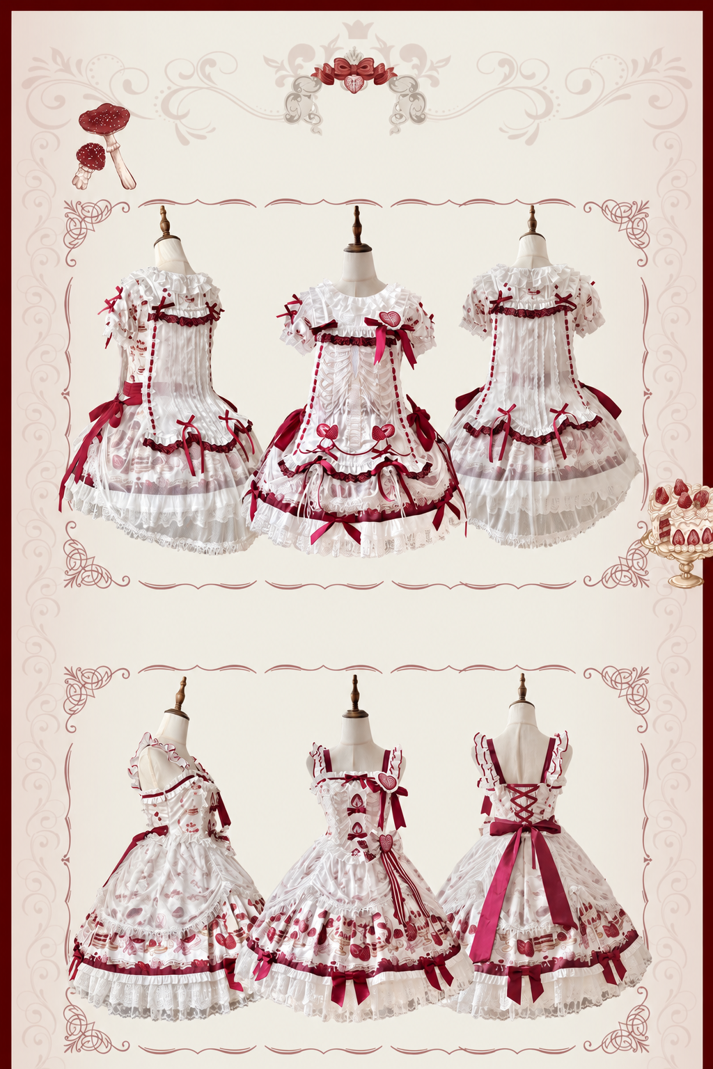 【11月4日予約締切】Strawberry Print Sweet Lolita Lace Bow JSK Dress + Puff Sleeve Lace Bow Doll Dress with Bone Embroidery Apron