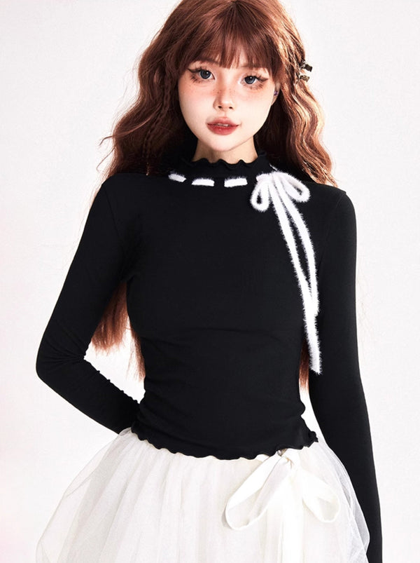 フリルリボンハーフタートルネックインナーレイヤードシャツトップス