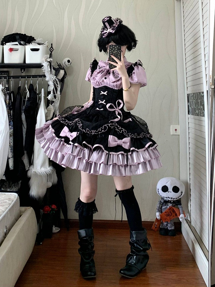 【5月12日予約締切】ブラックパープルロリータアイドルリボンパフスリーブシャツ＋コルセットチュールプルアップJKSドレスセットアップ