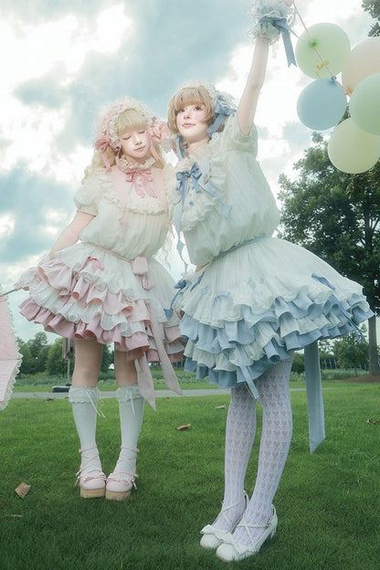 【8月29日予約締切】Blue x White/ Pink x White Doll Sweet Lolita Asymmetrical Ruffle Dress Full Set （with Pointed Collar + Bow Tie + Waist Belt）