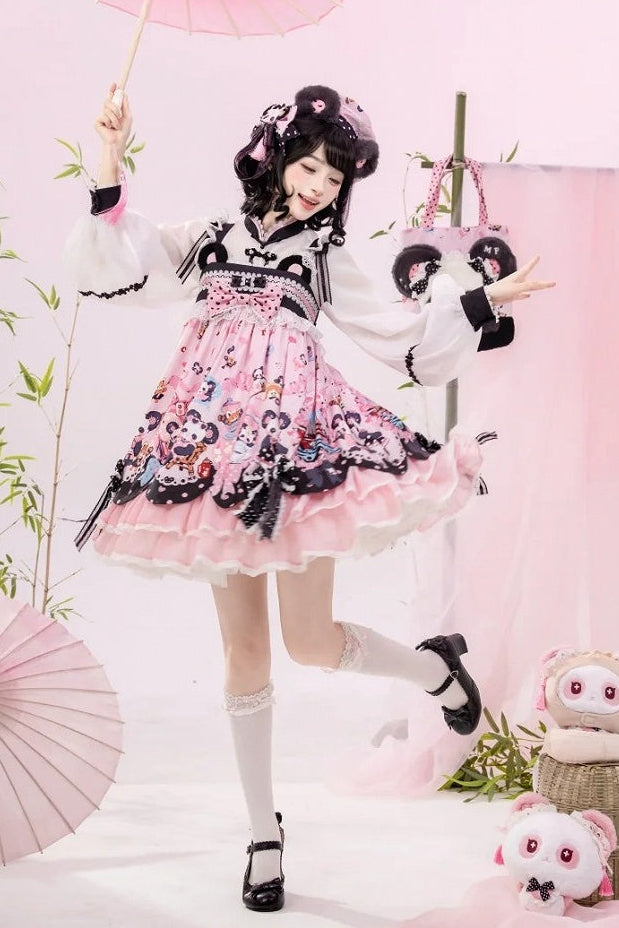 [Pre-order Deadline: October 25] Pink/Green Chinoiserie Lolita Sweet Panda Ear Bow High-Waist Tiered JSK Dress + Bow-Waist Panda Print Dress