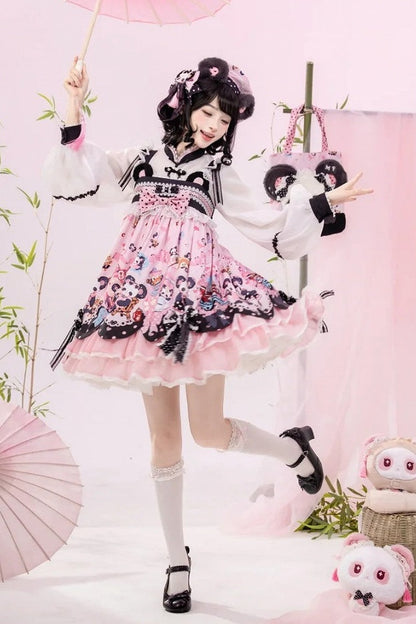 [Pre-order Deadline: October 25] Pink/Green Chinoiserie Lolita Sweet Panda Ear Bow High-Waist Tiered JSK Dress + Bow-Waist Panda Print Dress