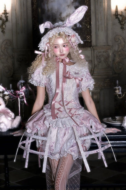 [Date limite de précommande : 6 octobre] Pink Castle Bunny ensemble poupée romantique avec haut corset à manches bouffantes en dentelle + short + surjupe à volants + surjupe cage à oiseaux Set 1/2/3